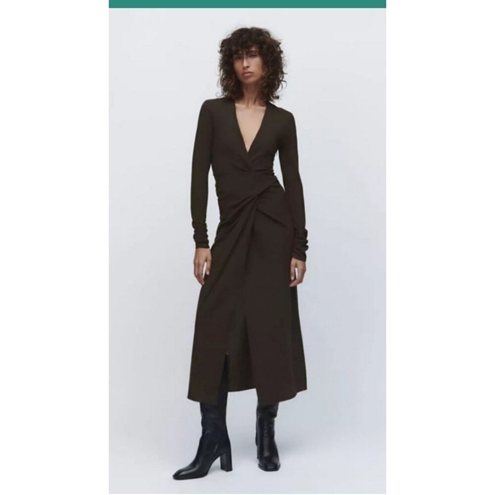 Zara Wool Dress Ruched Sleeve Cross Front Midi S